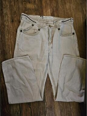 Legacy Gold Jeans Mens Size 32 Khaki Straight Leg Distressed Pockets - EUC